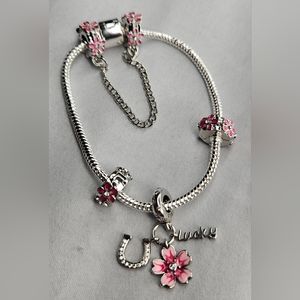 .925 Silver Flower Lucky Horseshoe Charm Bracelet Pandora Style